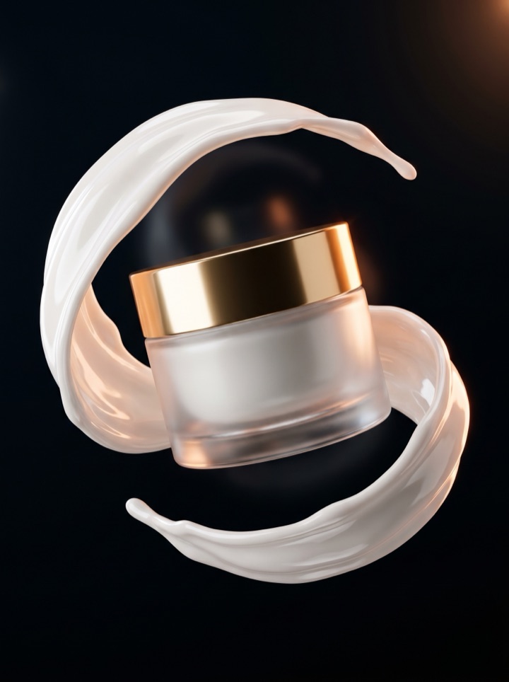 Photoreal 3D cream jar with a ribbon of cream curling around it