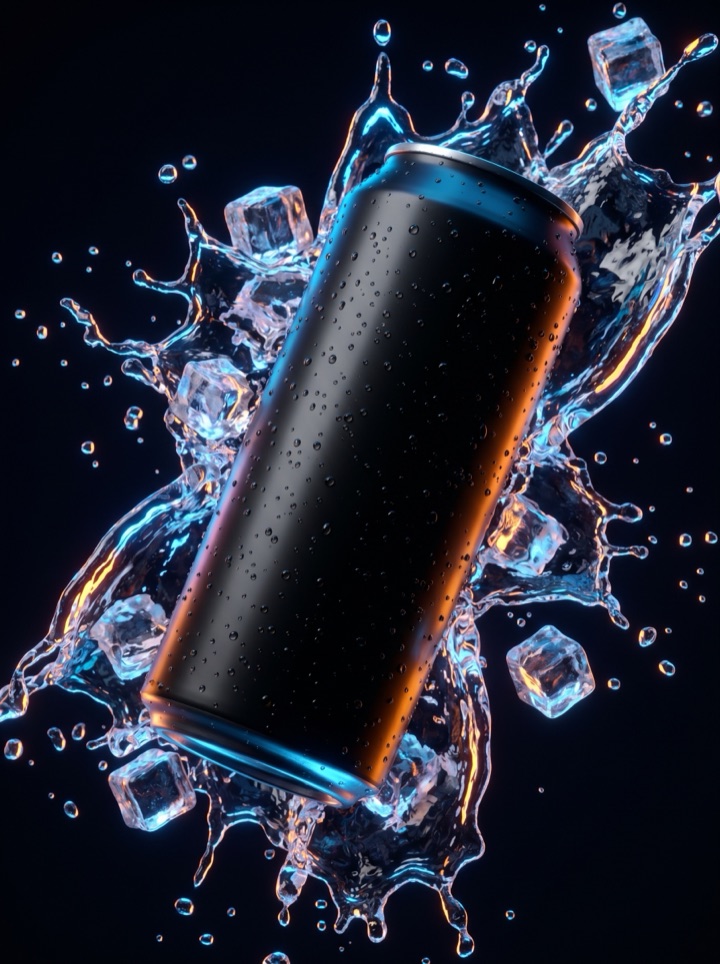 Photoreal 3D drink can frozen mid-splash with ice