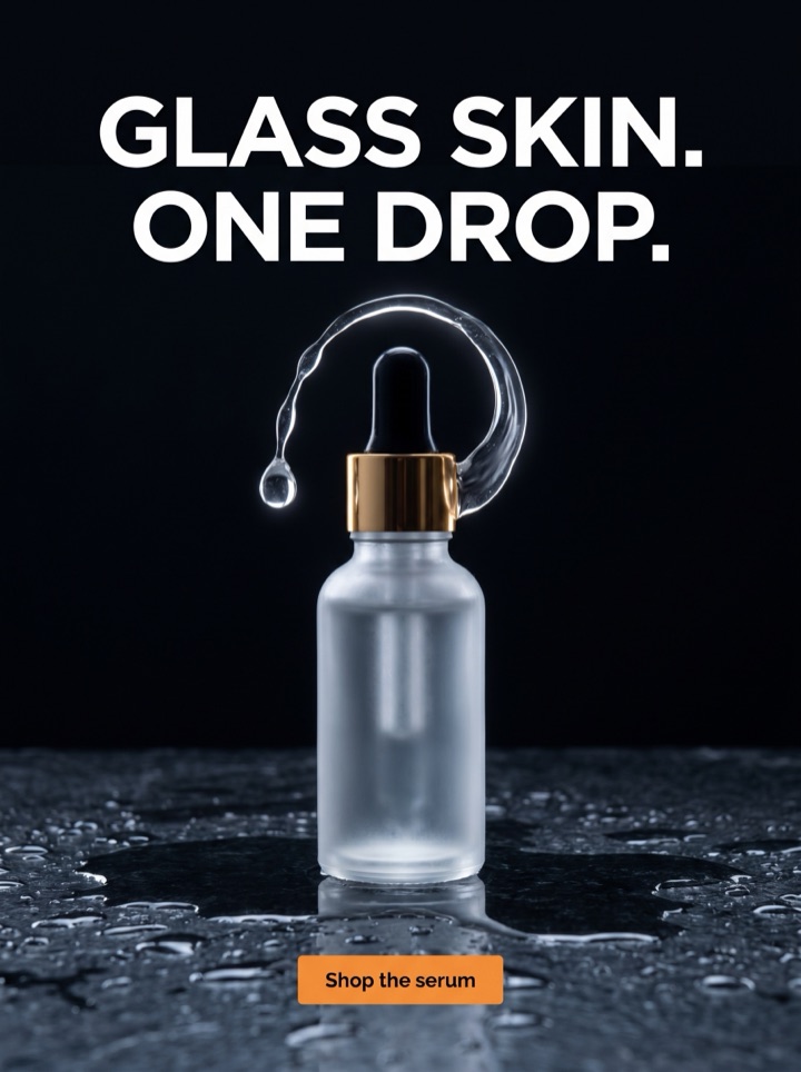 Skincare serum ad poster on wet stone