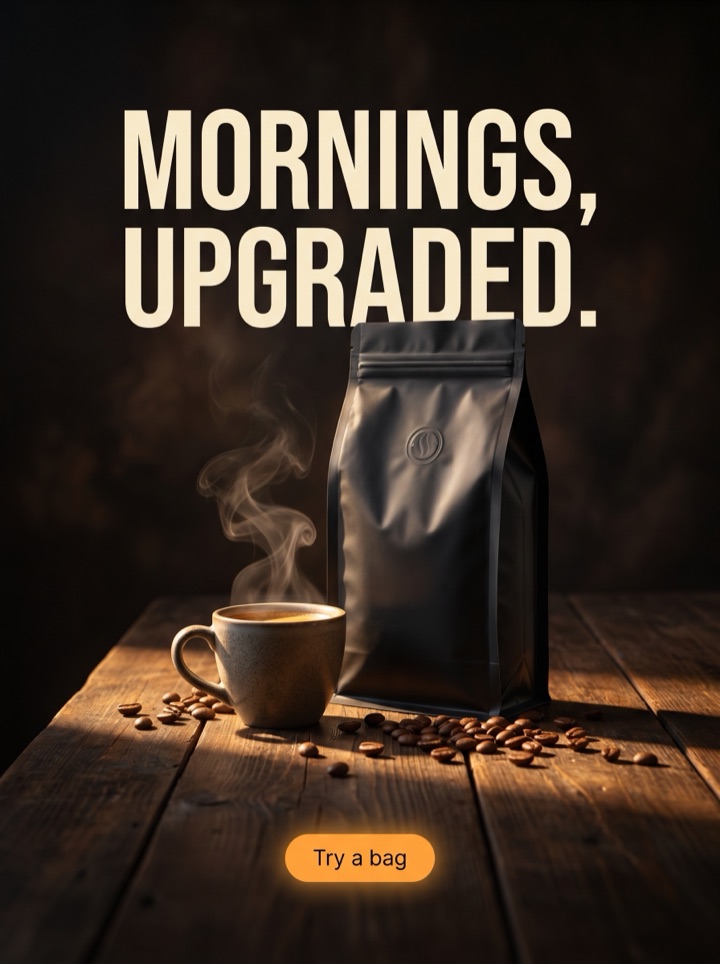Coffee ad poster with steam on a dark table