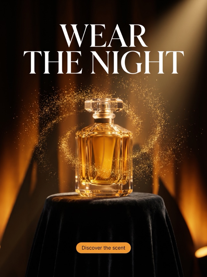 Perfume ad poster, gold bottle on black velvet