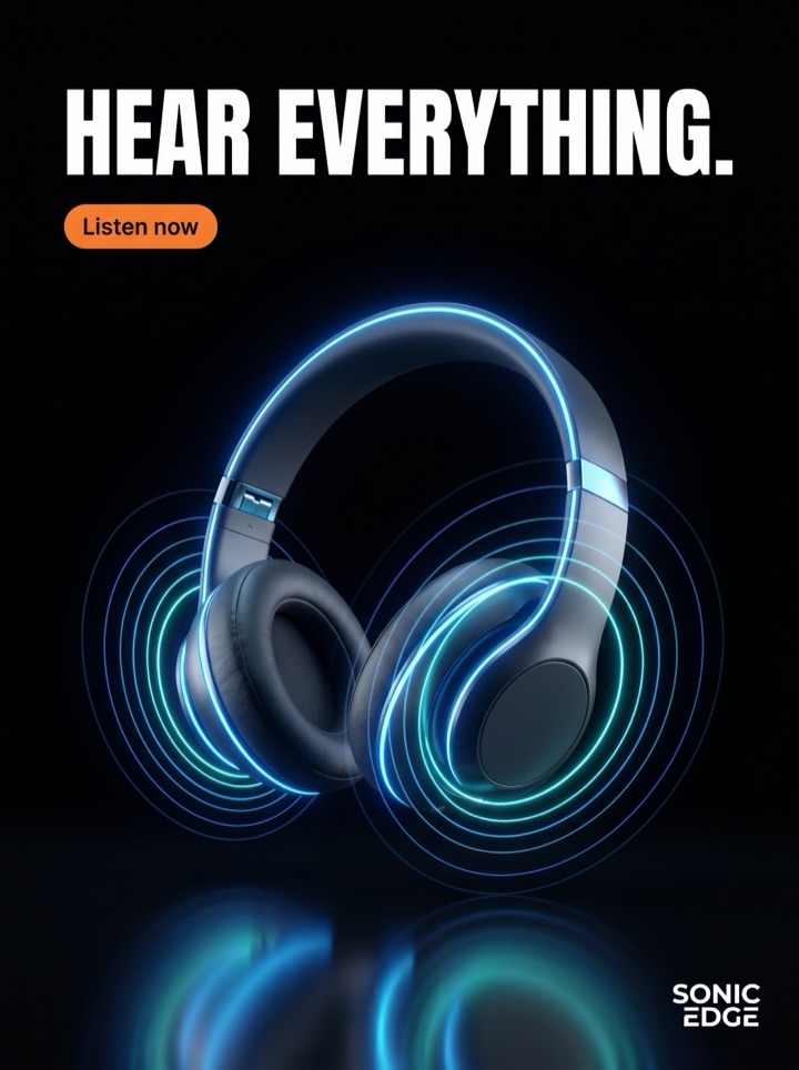 Headphones ad poster with glowing sound rings