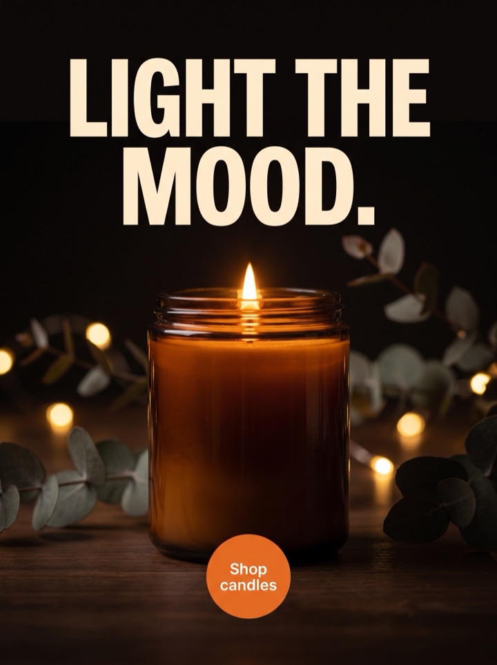 Candle ad poster, warm flame in the dark