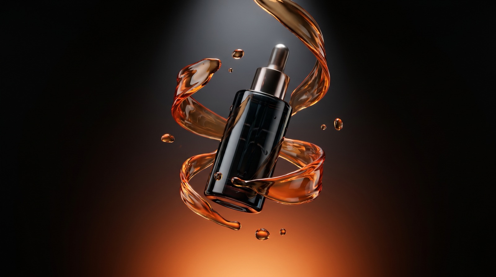 Photoreal 3D render of a serum bottle wrapped in swirling golden liquid